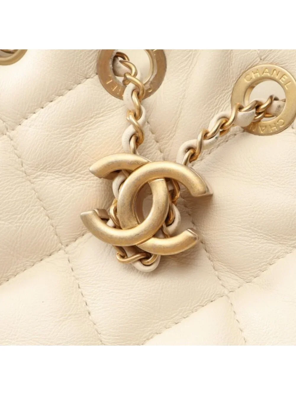 Chanel Shoulder Bag Quilted Drawstring Off White Lambskin